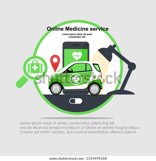 Online Medicine service\
logo. Medicine green car. Modern Ambulance car. Professional Medial\
Service.