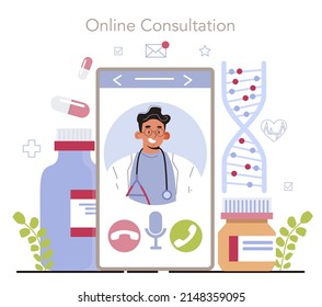 Online medicine online service or platform. IT medical services and bioinformatics. Nanotechnology for medicine. Online consultation. Vector flat illustration.