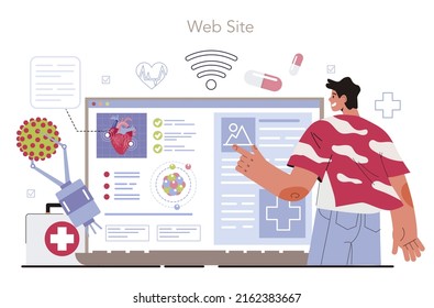 Online medicine online service or platform. IT medical services and bioinformatics. Nanotechnology for medicine. Website. Vector flat illustration.