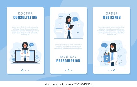 Online medicine service set. Arabian woman doctor giving virtual medical consultation and digital prescription. Delivery medicines. Telemedicine concept. Vector illustration in flat cartoon style.