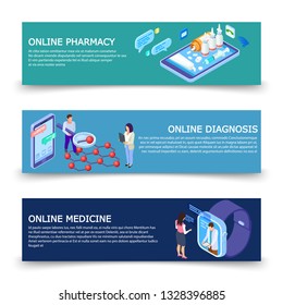 Online medicine services banners vector template with isometric concept