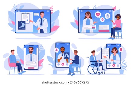 Servicios de medicina en línea. Consulta online a médicos, toma de citas y resultados de pruebas, recetas de medicinas y set de Ilustración vectorial plana digital de atención médica. Servicios clínicos en línea