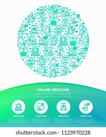 Online medicine, telemedicine concept in circle with thin line icons: pill timer, ambulance online, medical drone, tracker, mHealth, messenger, diagnostics. Vector illustration, print media template.
