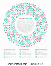 Online medicine, telemedicine concept in circle with thin line icons: pill timer, ambulance online, check symptomps, mobile consultant, diagnostics. Modern vector illustration, print media template.