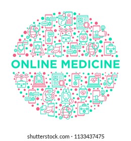 Online medicine, telemedicine concept in circle with thin line icons: pill timer, ambulance online, medical drone, tracker, mHealth, messenger, check symptomps. Modern vector illustration.