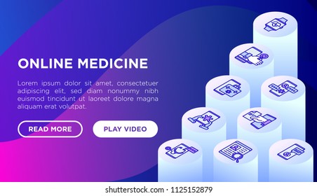 Online medicine, telemedicine concept with isometric thin line icons: pill timer, ambulance online, tracker, mHealth, messenger. Modern vector illustration, web page template on gradient background.