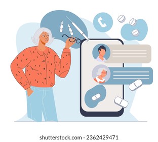 Online medicine or telemedicine concept with senior elderly woman getting doctor consultation in app, flat vector illustration isolated on white background. Online medical service.