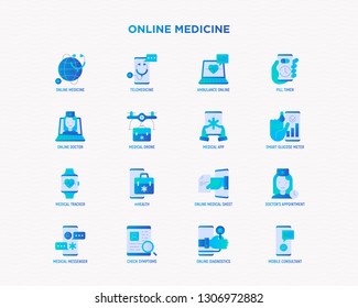 Online medicine, telemedicine gradient flat icons set: pill timer, ambulance online, smart glucose meter, medical drone, medical tracker, messenger. Modern vector illustration.