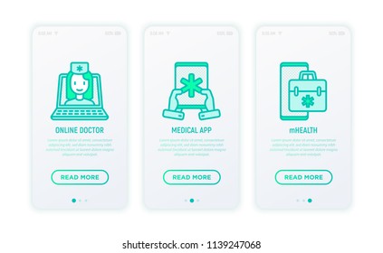 Online medicine, telemedicine, medical app thin line icons. Modern vector illustration for user mobile app.