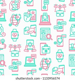 Online medicine, telemedicine seamless pattern with thin line icons: pill timer, ambulance online, medical drone, tracker, mHealth, messenger, check symptomps, mobile consultant. Vector illustration.