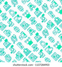 Online medicine, telemedicine seamless pattern with thin line icons: pill timer, ambulance online, medical drone, tracker, mHealth, messenger, check symptomps. Modern vector illustration.