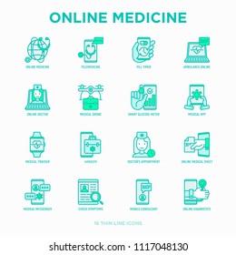 Online medicine, telemedicine thin line icons set: pill timer, ambulance online, medical drone, medical tracker, mHealth, messenger, check symptomps, mobile consultant. Modern vector illustration.