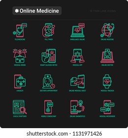 Online medicine, telemedicine thin line icons set: pill timer, ambulance online, medical drone, medical tracker, mHealth, messenger, check symptomps. Vector illustration for black theme.