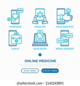 Online medicine, telemedicine thin line icons set: ambulance online, tracker, mHealth, messenger, check symptomps. Modern vector illustration.