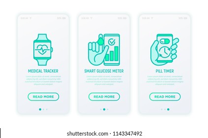 Online Medicine, Telemedicine Thin Line Icons Set: Medical Tracker, Smart Glucose Meter, Pill Timer. Modern Vector Illustration For User Mobile App.