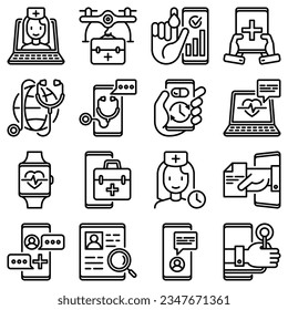 Online-Medizin, Telemedizin, dünne Linie Symbole Set: Pill-Timer, Krankenwagen online, medizinische Drohne, medizinische Tracker, mHealth, Bote, Check-Symptome, mobile Berater. Moderne Vektorgrafik.