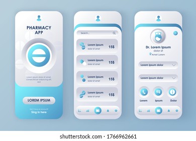 Online medicine unique design kit. Pharmacy app with medical consultation, drugs description and pricing. Drugstore service UI, UX template set. GUI for responsive mobile application.