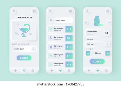 Kit único de diseño neomórfico de medicina en línea. Aplicación de farmacia con consulta médica, descripción de medicamentos y precios. Servicio de almacén de drogas conjunto de plantillas de usuario UX. Ilustración vectorial de GUI para aplicación móvil.