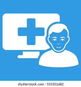 Online Medicine vector icon. Flat white symbol. Pictogram is isolated on a blue background. Designed for web and software interfaces.