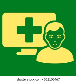 Online Medicine vector icon. Flat yellow symbol. Pictogram is isolated on a green background. Designed for web and software interfaces.