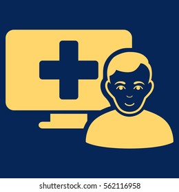 Online Medicine vector icon. Flat yellow symbol. Pictogram is isolated on a blue background. Designed for web and software interfaces.