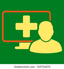 Online Medicine vector icon. Style is bicolor flat symbol, orange and yellow colors, rounded angles, green background.