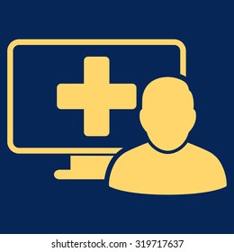 Online Medicine vector icon. Style is flat symbol, yellow color, rounded angles, blue background.
