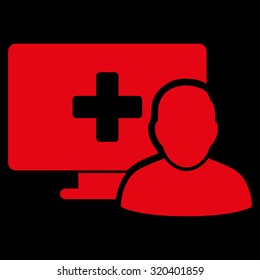 Online Medicine vector icon. Style is flat symbol, red color, rounded angles, black background.
