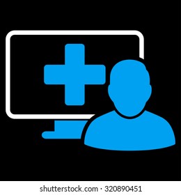 Online Medicine vector icon. Style is bicolor flat symbol, blue and white colors, rounded angles, black background.