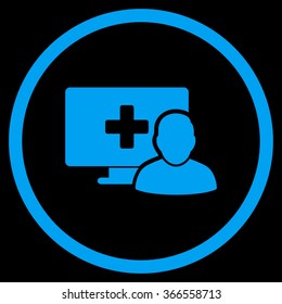 Online Medicine vector icon. Style is flat circled symbol, blue color, rounded angles, black background.
