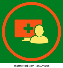 Online Medicine vector icon. Style is bicolor flat circled symbol, orange and yellow colors, rounded angles, green background.