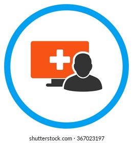 Online Medicine vector icon. Style is flat circled symbol, orange and blue colors, rounded angles, white background.