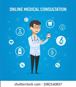 Online medicine vector illustration. Doctor with smartphone in his hand and icons infographic around on blue background