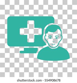 Online Medicine vector pictogram. Illustration style is flat iconic cyan symbol on a chess transparent background.
