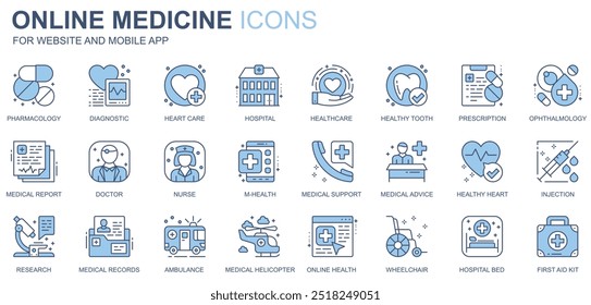 Iconos web de medicina en línea establecidos en diseño de línea de duotono. Paquete de farmacología, diagnóstico, atención cardíaca, hospital, atención médica, diente sano, médico, otros pictogramas de contorno de accidente cerebrovascular. Ilustración vectorial