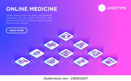 Online medicine web page template with thin line isometric icons: pill timer, ambulance online, medical drone, medical tracker, messenger, check symptoms, mobile consultant. Vector illustration.