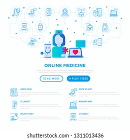 Online medicine web page template: doctor consulting by video call on laptop or smartphone. Telemedicine concept. Gradient flat icons. Modern vector illustration.