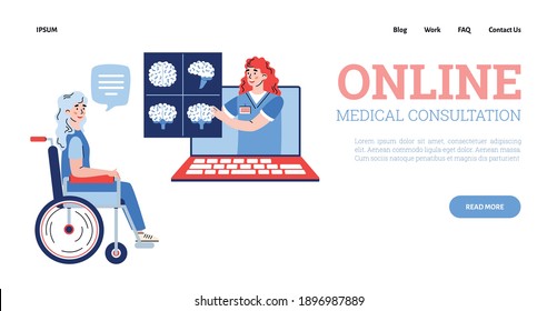 Online medicine website page with doctor advising disabled patient on neurological issues, flat cartoon vector illustration. Online neurologist consultation.