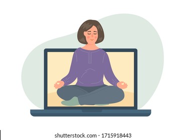 Online Meditation Class. Woman Meditates On Laptop Screen. Distance, Remote Yoga, Relax, Mindfulness, Breathing Training