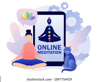 Online meditation concept. Tiny woman sitting in lotus pose. Yoga online, relax, recreation, healthy lifestyle. Colorful 9 chakras. Modern flat cartoon style. Vector illustration on white background