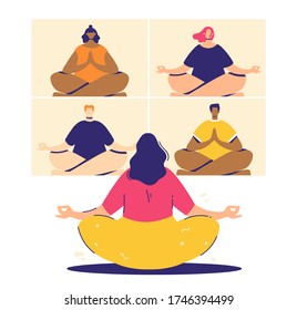 Online meditation concept. Videoconference participants in lotus pose - padmasana. People relax and chill. Yoga onine. Modern flat style