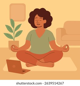 Online meditation at home.
A woman in the lotus position meditates in front of a laptop in a cozy room. An illustration about the home practice of mindfulness and inner peace.