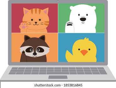 Online meeting of animals on laptop. They wave their hand. Vector illustration isolated on white background.