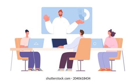 Online meeting with boss. Business video call, webinar or remote training. Company tv meet with manager in conference room utter vector scene