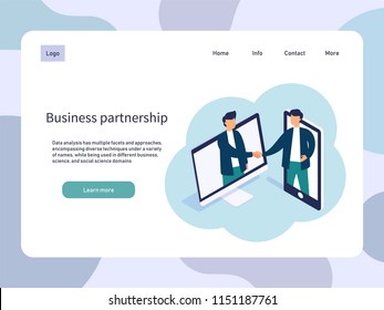 Online Meeting, Business Partnership. People Partner Handshake. Vector Isometric Illustration