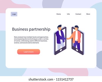 Online meeting, business partnership. People partner handshake. Vector isometric illustration