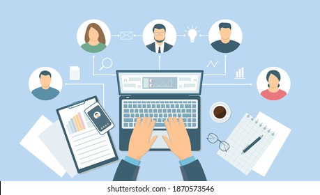 Online meeting with the business team on the project. Freelance and remote work concept, business communications. Vector illustration.