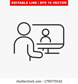 Online Meeting Call For Remote Work Vector Icon. Virtual Conference From Home Office Through Computer Due To Corona Virus Pandemic. Digital Communication Linear Logo Concept For A Webinar. V1