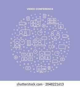 Online meeting circle concept made of thin line icons. Web conferencing, work from home, video communication, business process. Outline vector illustration for banner, poster, flyer or website