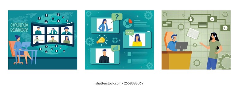Online Meeting. Collaborative Video Call. Customer Support. Set flat vector modern illustration 
